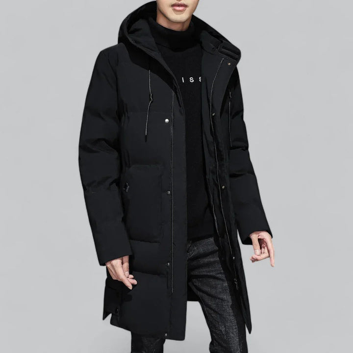 Black long hooded parka for men, front view