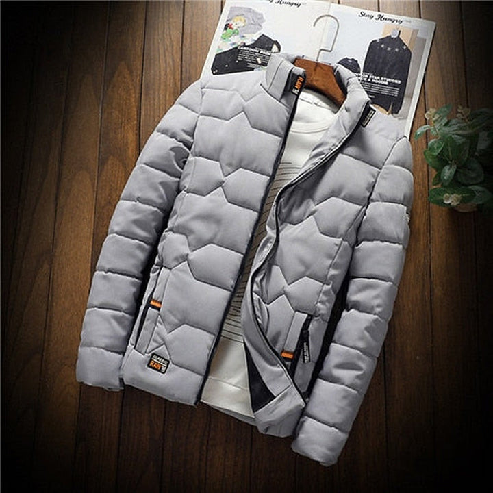Grey lightweight puffer jacket for men with geometric quilting