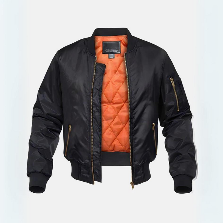 Black bomber jacket with orange quilted lining, zip front, shown flat | Grace Aura