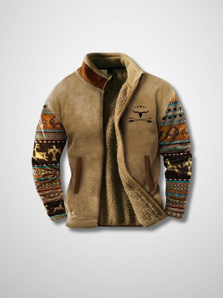 Tan sherpa-lined jacket with Aztec-print sleeves, shown flat, front view | Grace Aura