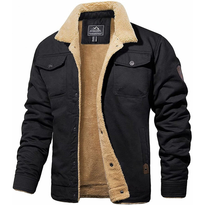 Black sherpa-lined trucker jacket for men, front view