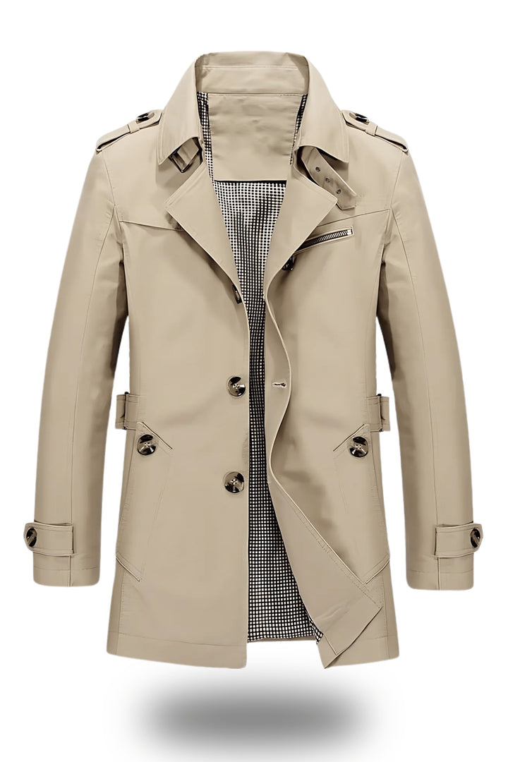 Beige single-breasted trench coat with epaulettes, checkered lining, shown flat | Grace Aura