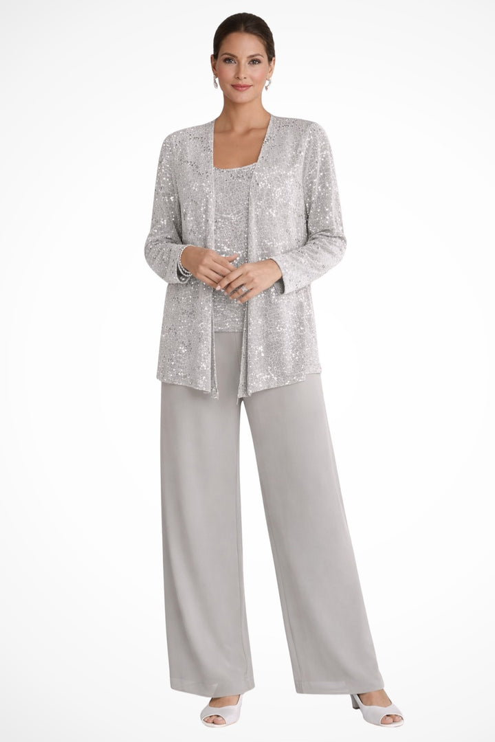 Silver three-piece trouser suit with a sequinned lace jacket, top and wide-leg trousers