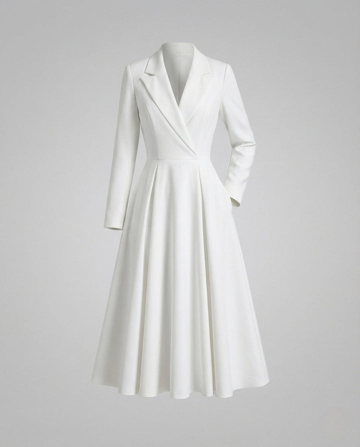 White tailored blazer midi dress with lapel collar on mannequin | Grace Aura
