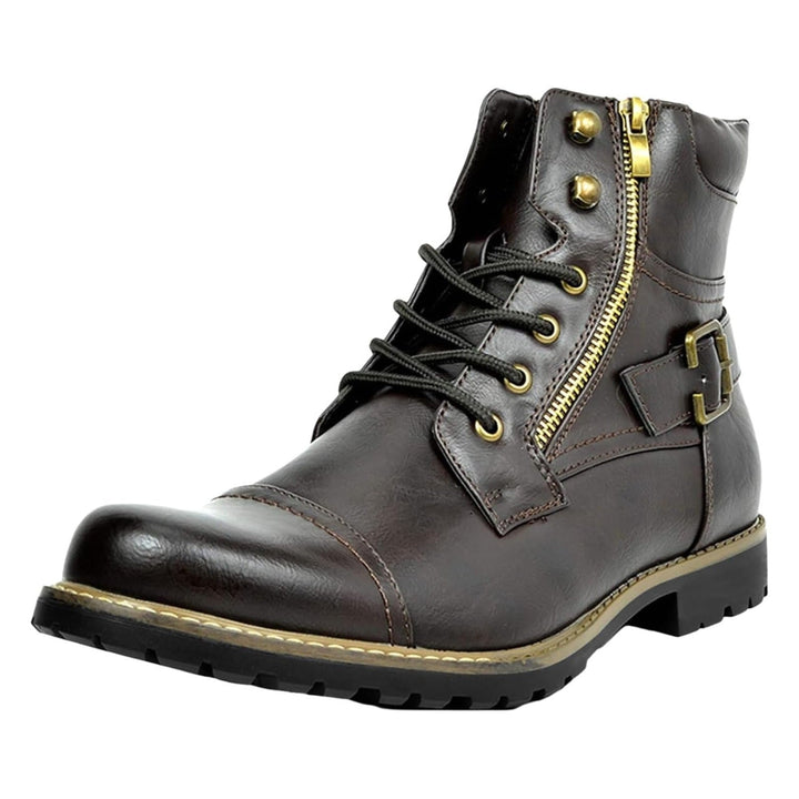 Brown leather lace-up boot with side zipper and buckle strap | Grace Aura