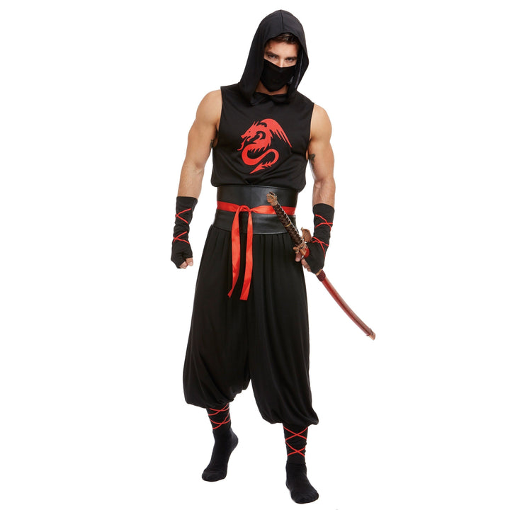Man wearing black ninja costume with red dragon print, belt, holding sword | Grace Aura