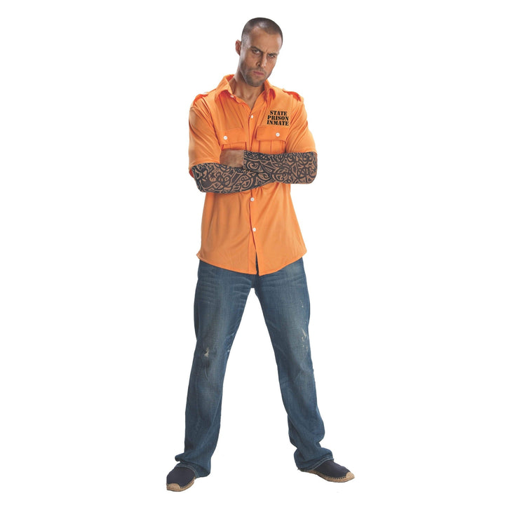 Man wearing orange prisoner costume shirt with tattoo sleeve and jeans | Grace Aura