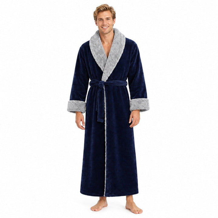 Man wearing navy dressing gown with gray shawl collar and belt | Grace Aura
