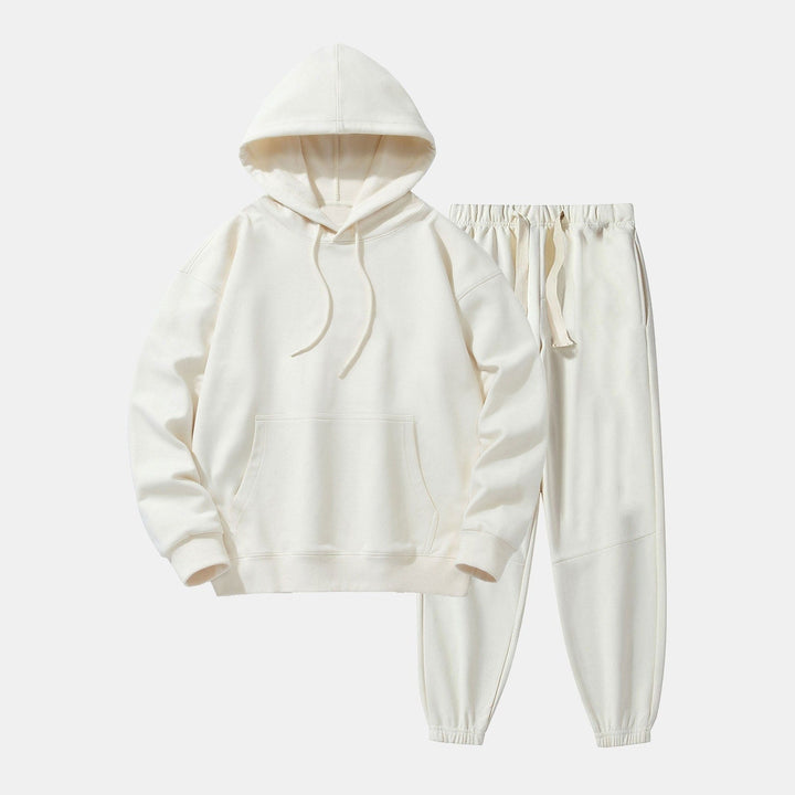Cream hoodie and jogger tracksuit set, flat lay, drawstring details | Grace Aura