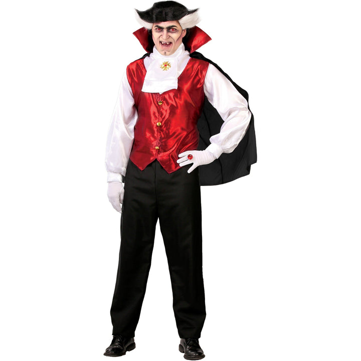 Man wearing vampire costume with red vest, white shirt, black cape | Grace Aura