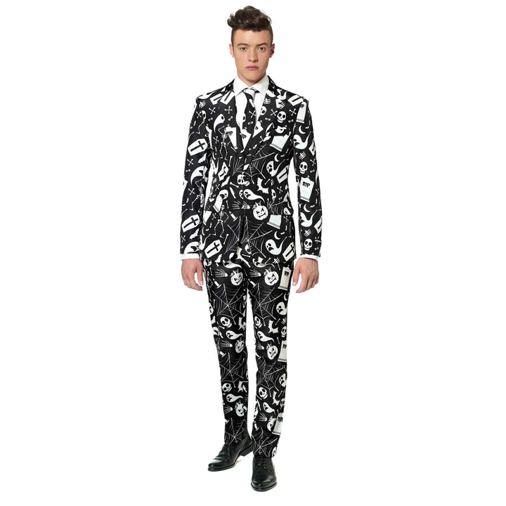 Man wearing black Halloween suit with white ghost and skeleton print | Grace Aura