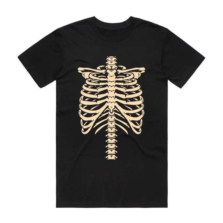 Black t-shirt with tan skeleton ribcage print, shown flat on white background | Grace Aura