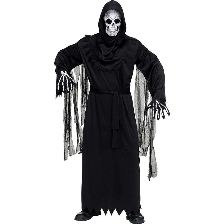 Man wearing black hooded robe costume with skull mask and skeleton gloves | Grace Aura