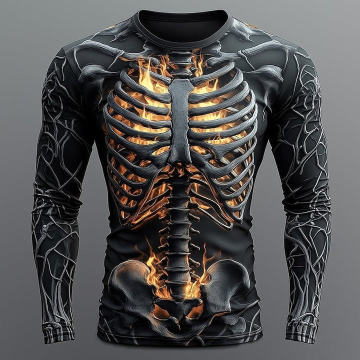 Long sleeve top with flaming skeleton ribcage print, worn by male model | Grace Aura