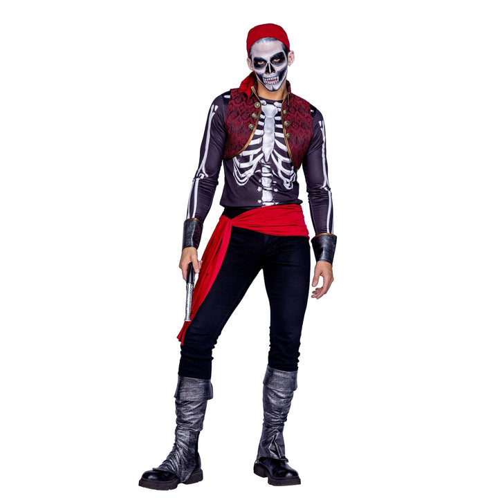 Man wearing skeleton print shirt, black pants, red headscarf and sash | Grace Aura