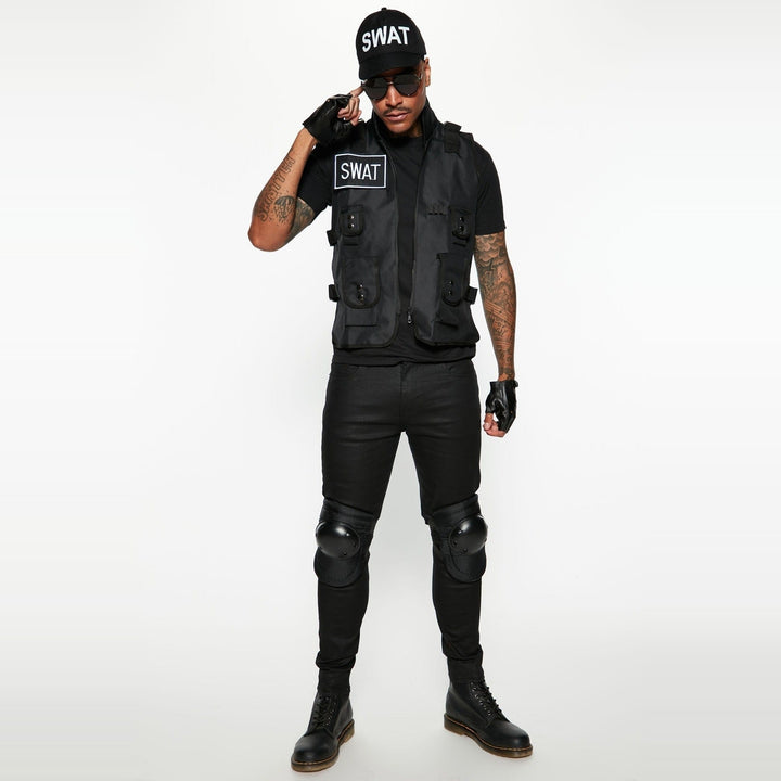 Man wearing black SWAT costume with vest, cap, gloves, and knee pads | Grace Aura