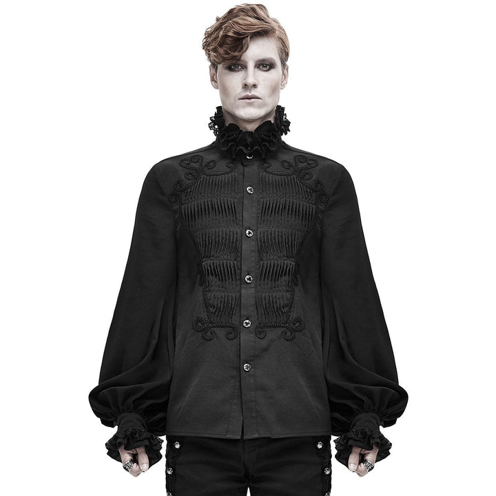 Man wearing black gothic pleated shirt with ruffled lace collar | Grace Aura