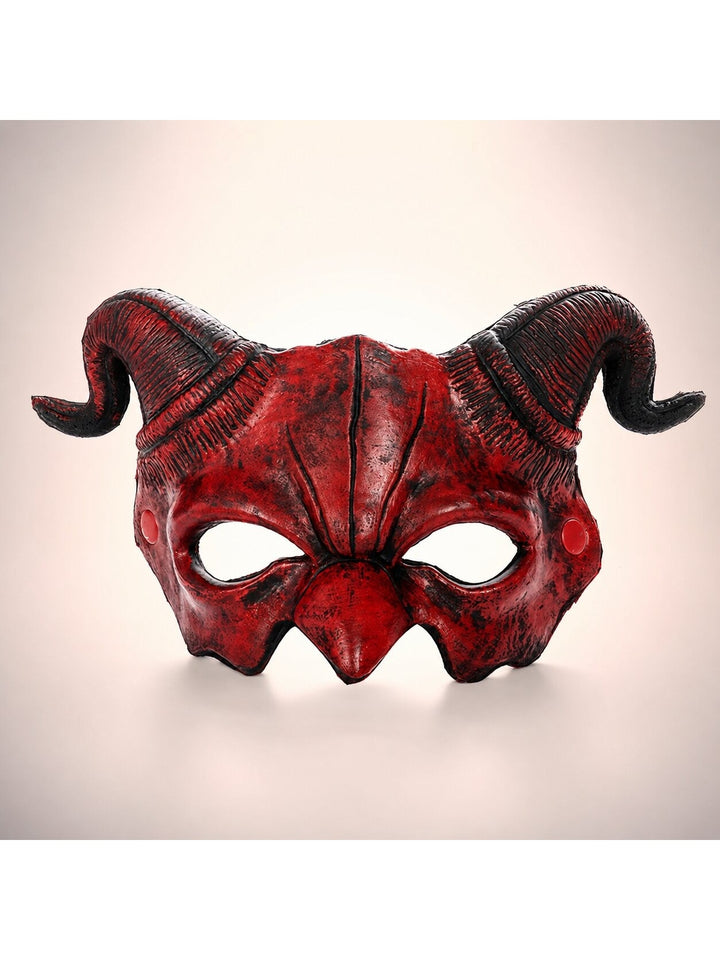 Red demon half mask with black ram horns
