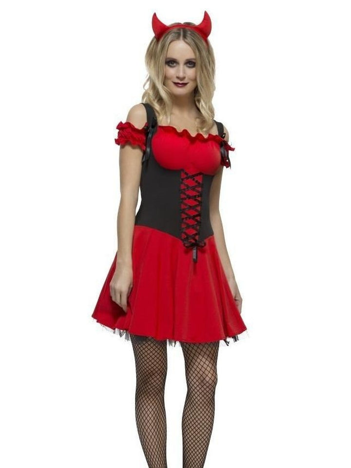 Woman in the red and black devil costume with horns, front view