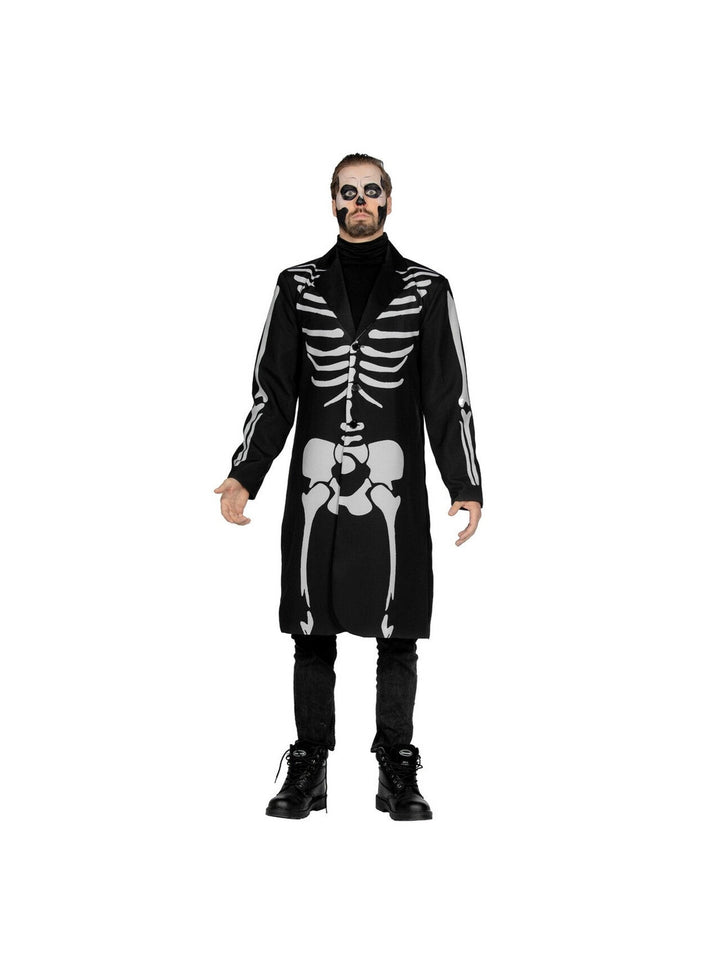Man in a long black skeleton print costume coat, front
