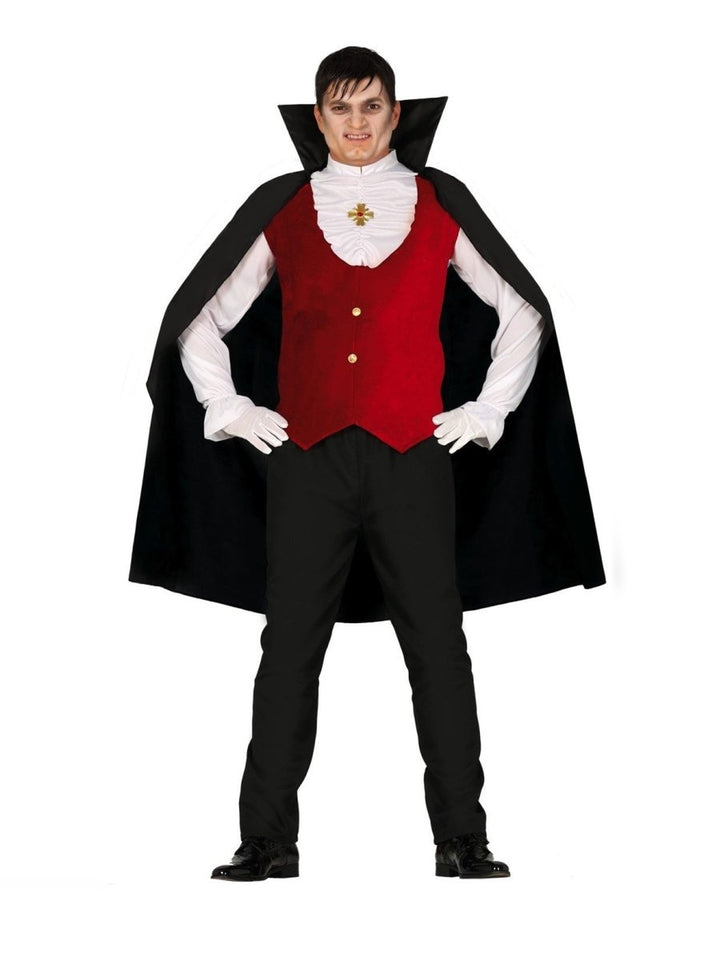 Man in a classic vampire costume with cape and red waistcoat