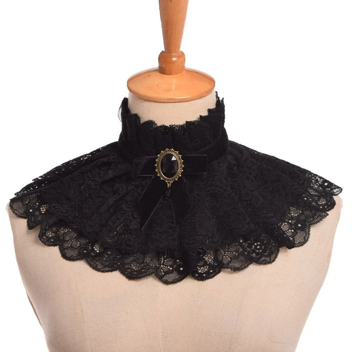 Black lace ruff collar on a mannequin, front view