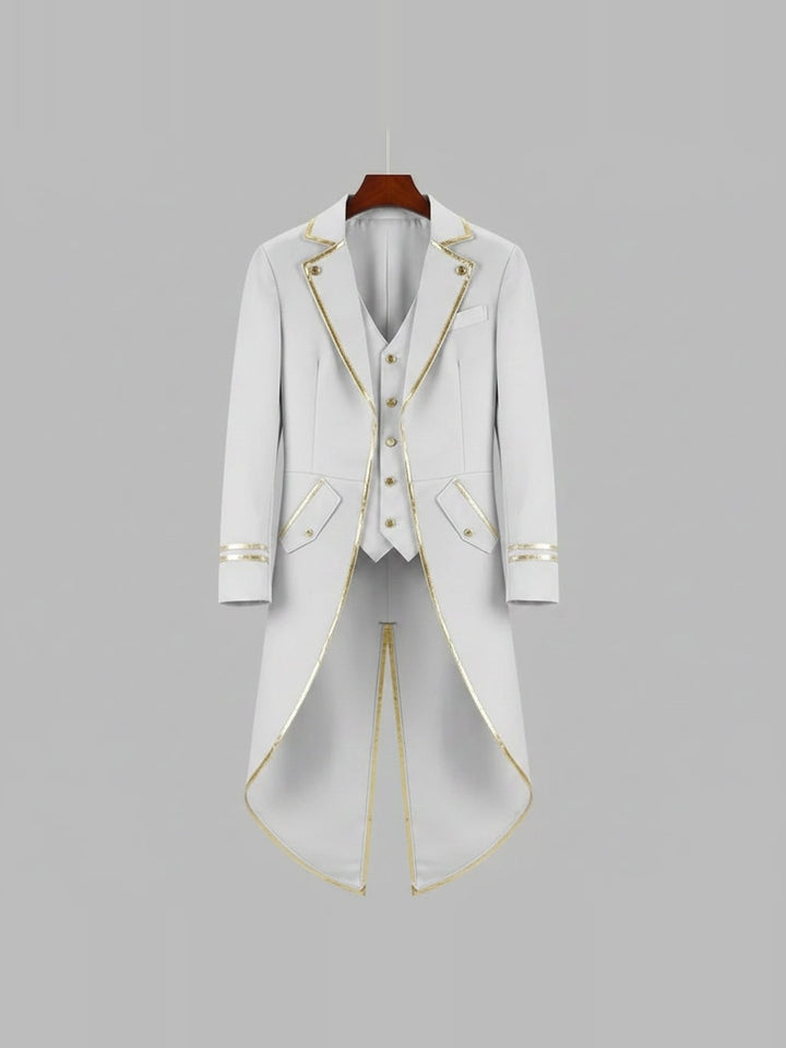 White Victorian tailcoat with gold trim, front and back