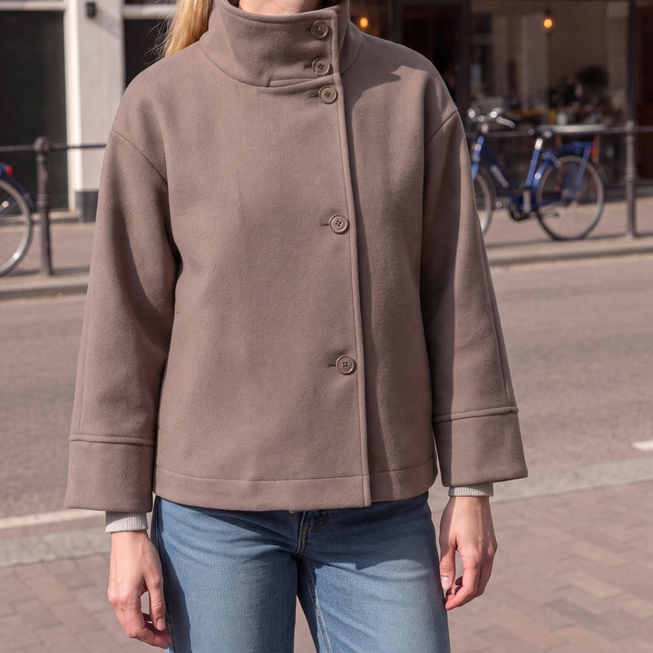 Taupe boxy jacket with stand collar
