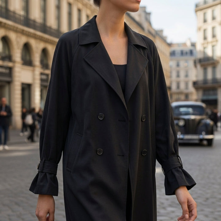 Black double-breasted trench coat with wide lapels and ruffle cuffs, on a city street