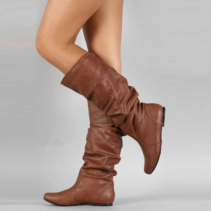 Brown flat slouch mid-calf boots