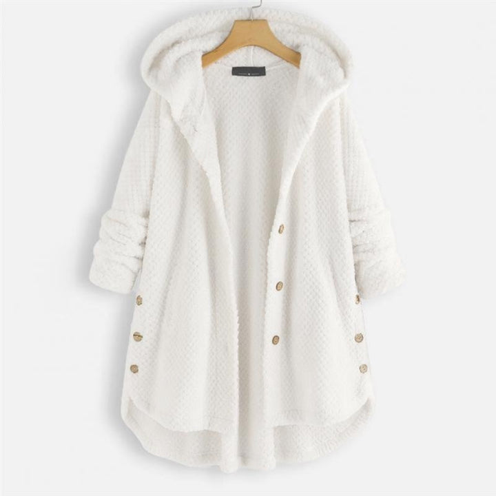 White hooded fleece coat with button front