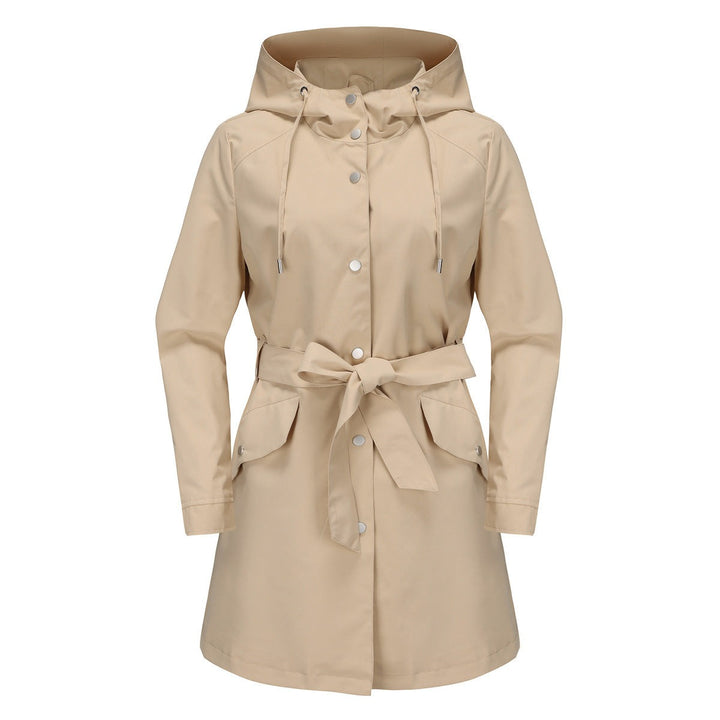 Beige hooded trench coat with tie belt