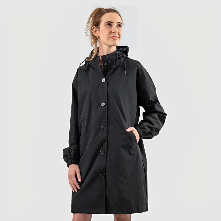 Black lightweight waterproof hooded raincoat with button front