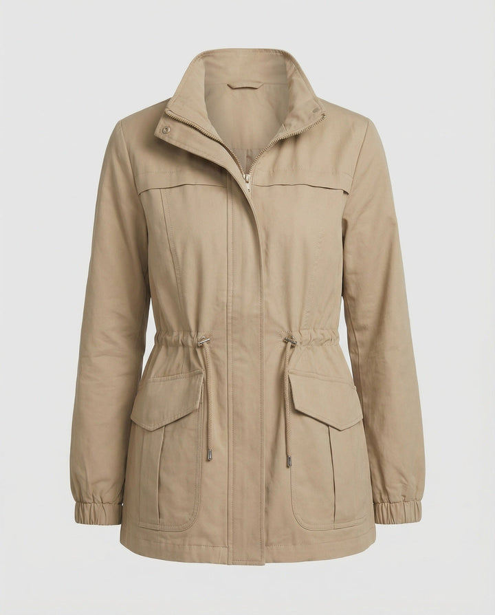 Khaki lightweight jacket with stand collar, drawstring waist and flap pockets