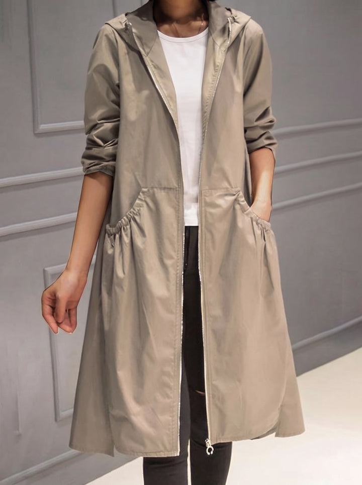 Khaki long hooded A-line raincoat with full zip
