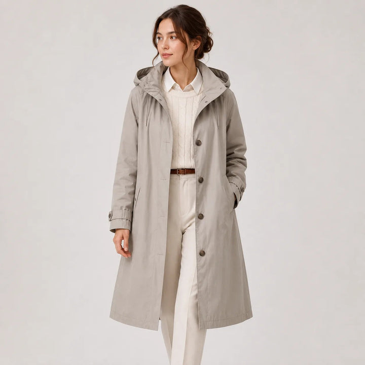 Light Grey long hooded raincoat with button front