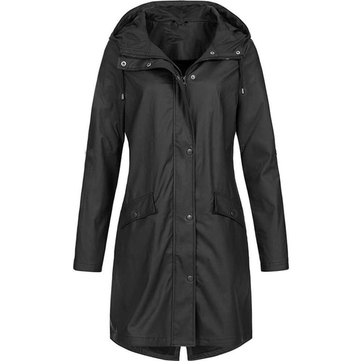 Black long raincoat with hood, zip and press studs, front view