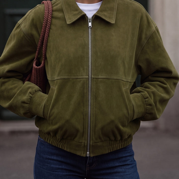 Olive Green faux suede bomber jacket with collar