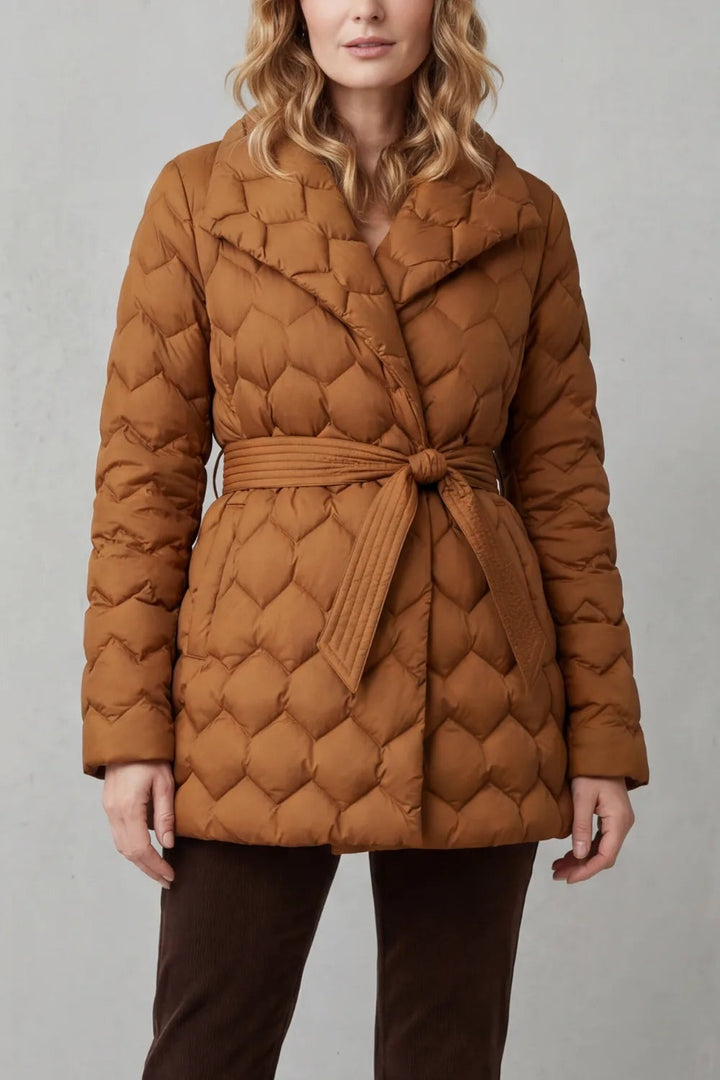 Caramel belted quilted jacket for women, front view