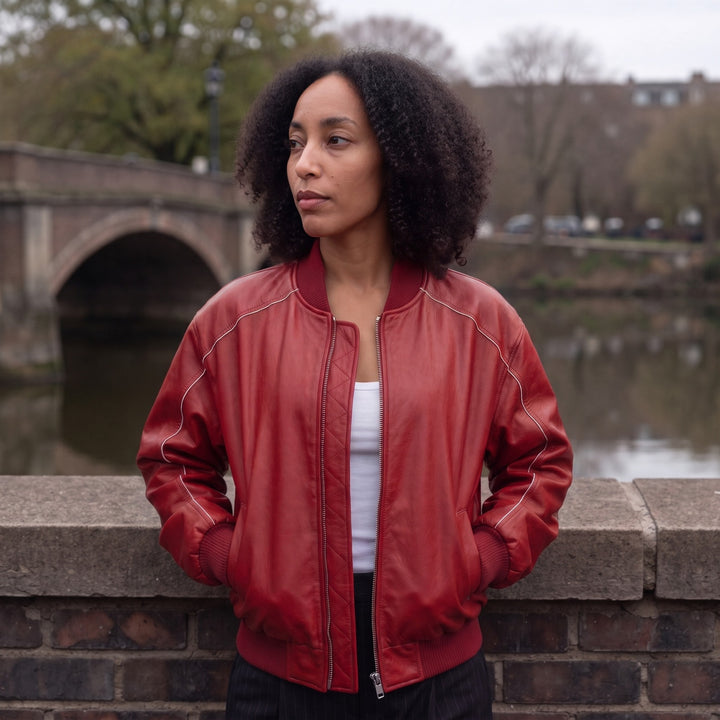 Woman wearing the Red glossy faux leather bomber jacket