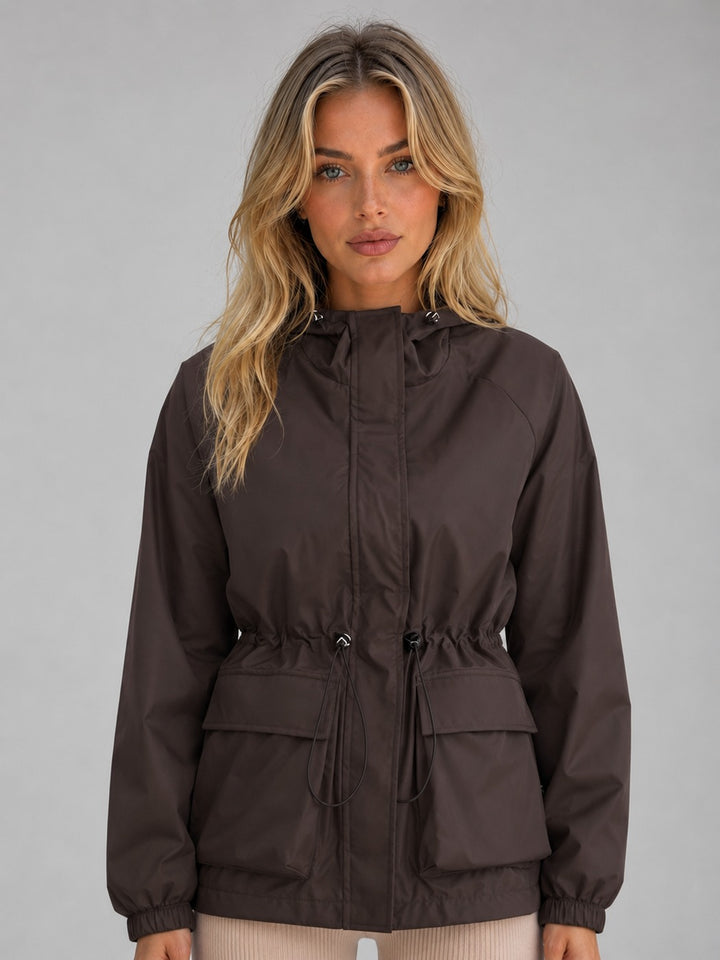 Brown short hooded rain jacket with drawstring waist and flap pockets