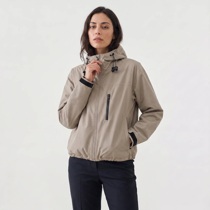 Khaki short rain jacket with hood and chest zip pocket