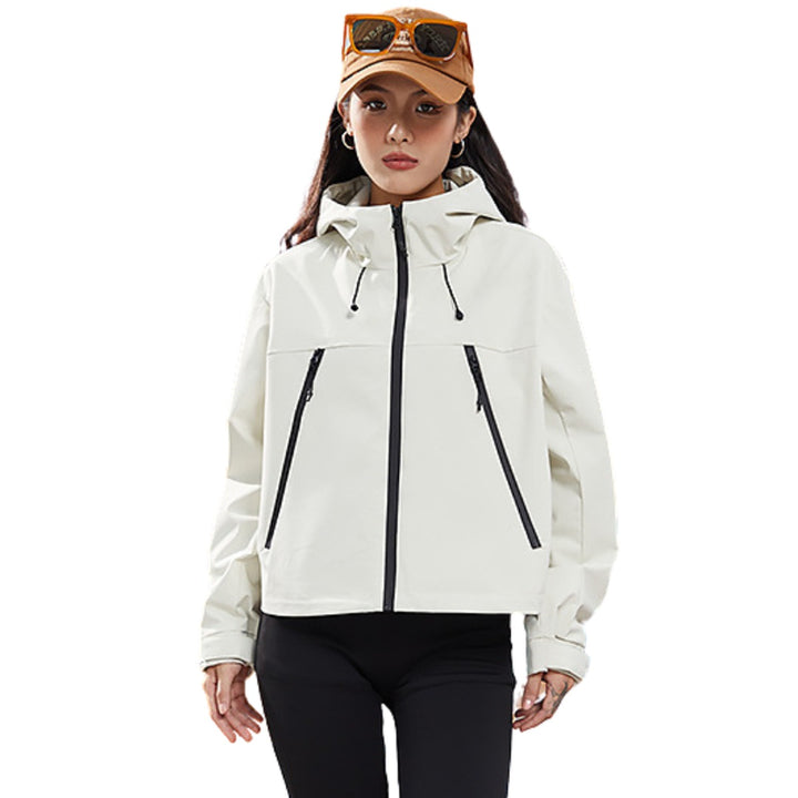 White short waterproof hiking rain jacket with hood