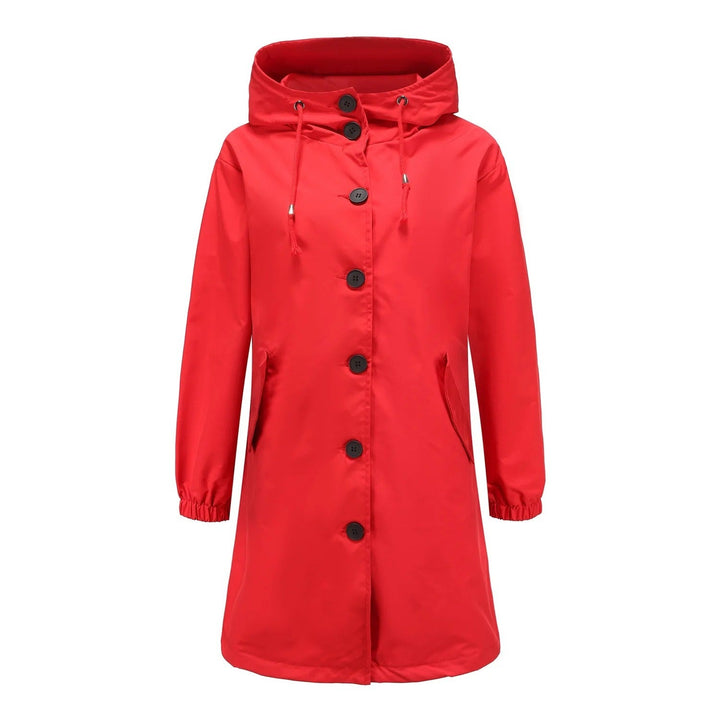 Red waterproof coat with hood and button front