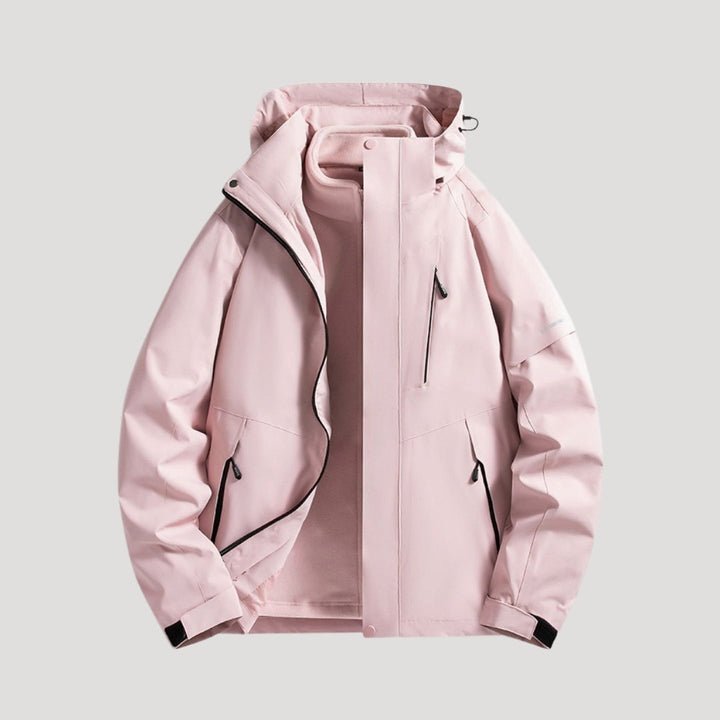 Pink waterproof outdoor jacket with hood, colour block panels and zip pockets