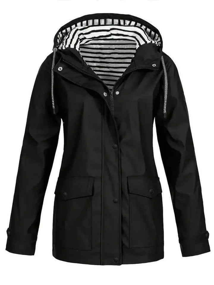 Black hooded rain jacket with striped lining