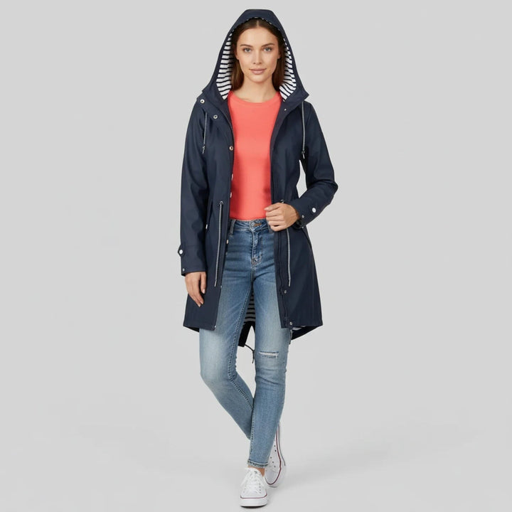 Navy longline waterproof raincoat with hood and striped lining