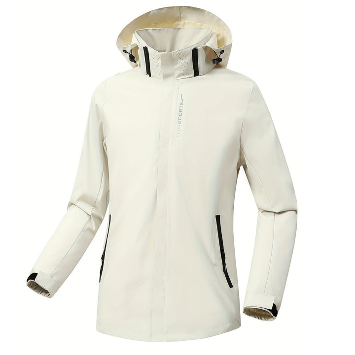 Beige waterproof sports jacket with hood and zip pockets
