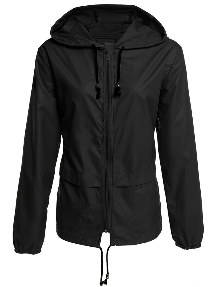 Black hooded windbreaker rain jacket with drawstring hem