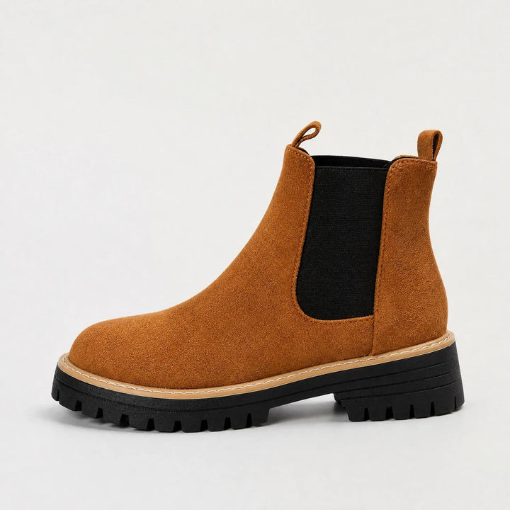 Brown faux suede Chelsea boot with chunky lug sole